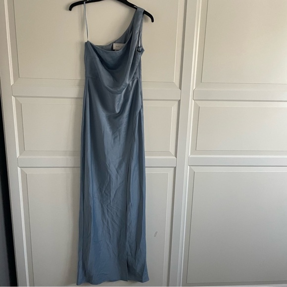 BHLDN Dylan Dusty Blue One-Shoulder Satin Side-Slit Gown 20218 - Picture 4 of 14